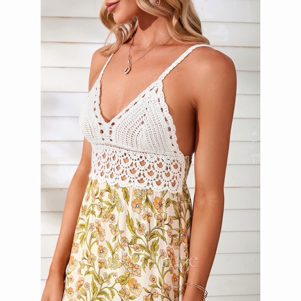 JJ's House Crochet Bodice Maxi Dress Open Knit Floral Boho Smocked S/M Yellow